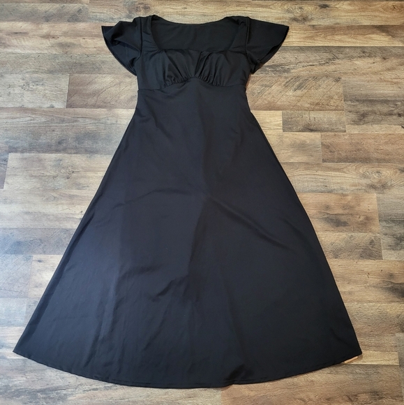 Popilush Black Square Neck Flutter Sleeve Shapewear Tummy Control Midi Dress L - Picture 4 of 9